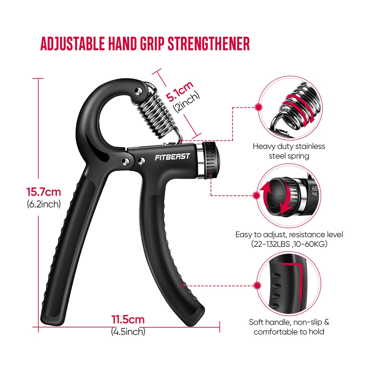 FitBeast Adjustable Hand Grip Strengthener Workout Kit (5 kg to 60 kg) -  Black