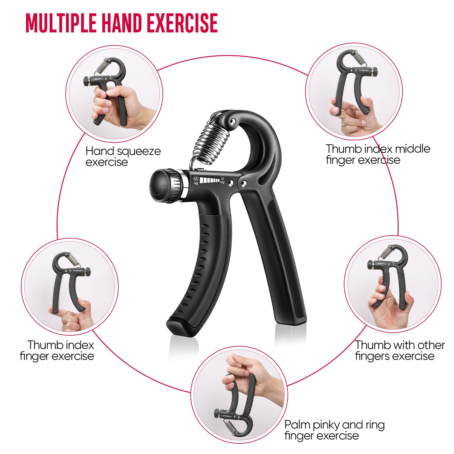FitBeast Hand Grip Strengthener Workout Kit (5 Pack) Forearm Grip Adjustable Resistance Hand Gripper, Finger Exerciser, Finger Stretcher, Grip